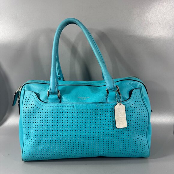 COACH # 23577 LEGACY PERFORATED Leather HALEY Satchel Bag ROBIN/CHALK - Picture 2 of 13